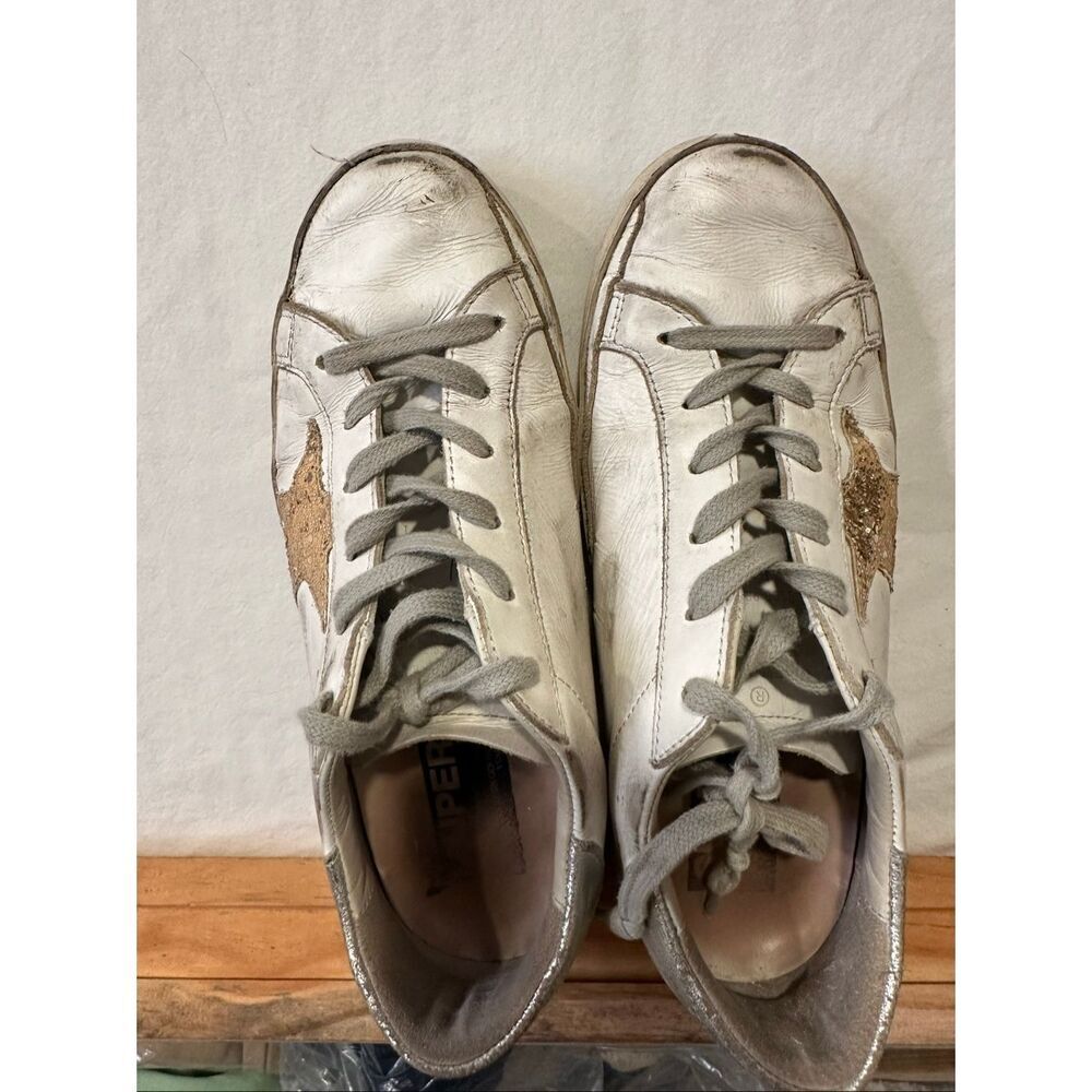 Golden Goose Super-Star White Leather Rose Gold Glitter Star Sneakers EU 36 US 6